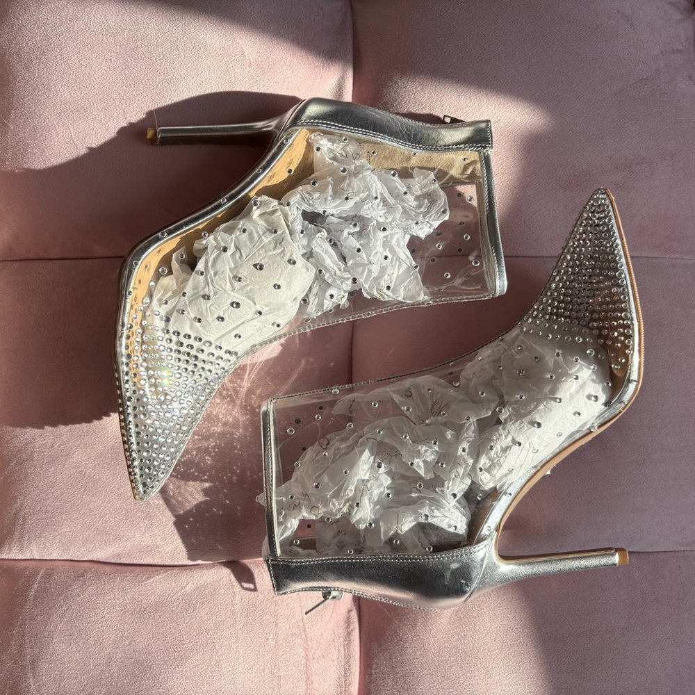 Silver Crystal Embellished Sheer Ankle Boots  Booties rhinestones wedding guest
